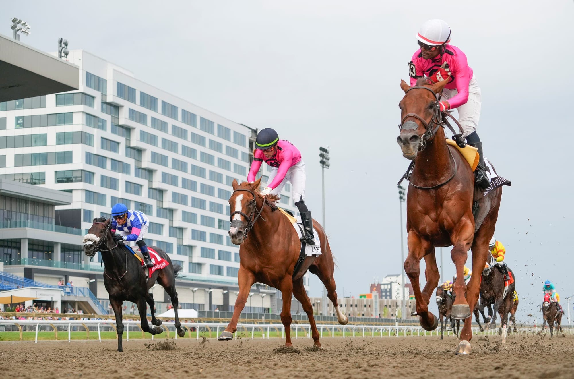 Three riders and horses race on a sand track.