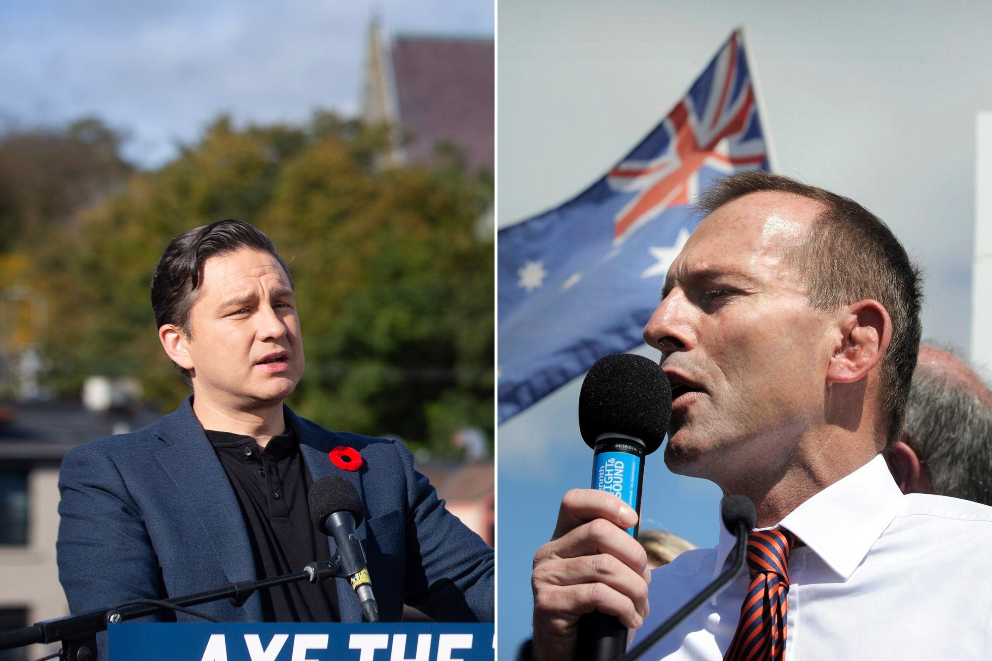 L: Pierre Poilievre gives a speech behind an Axe the Tax podium. R: Tony Abbott talks to a crowd with Australian flags.