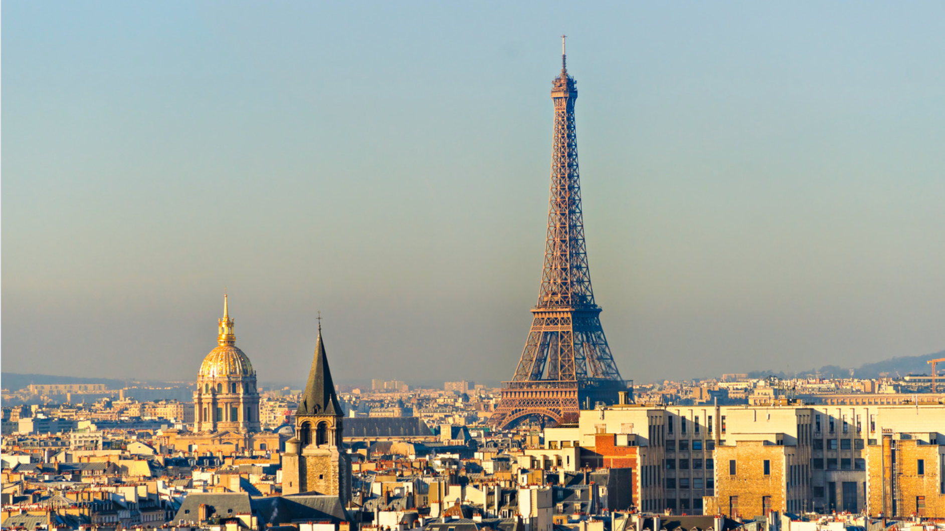 A view of the Paris skyline including the Eiffel Tower.