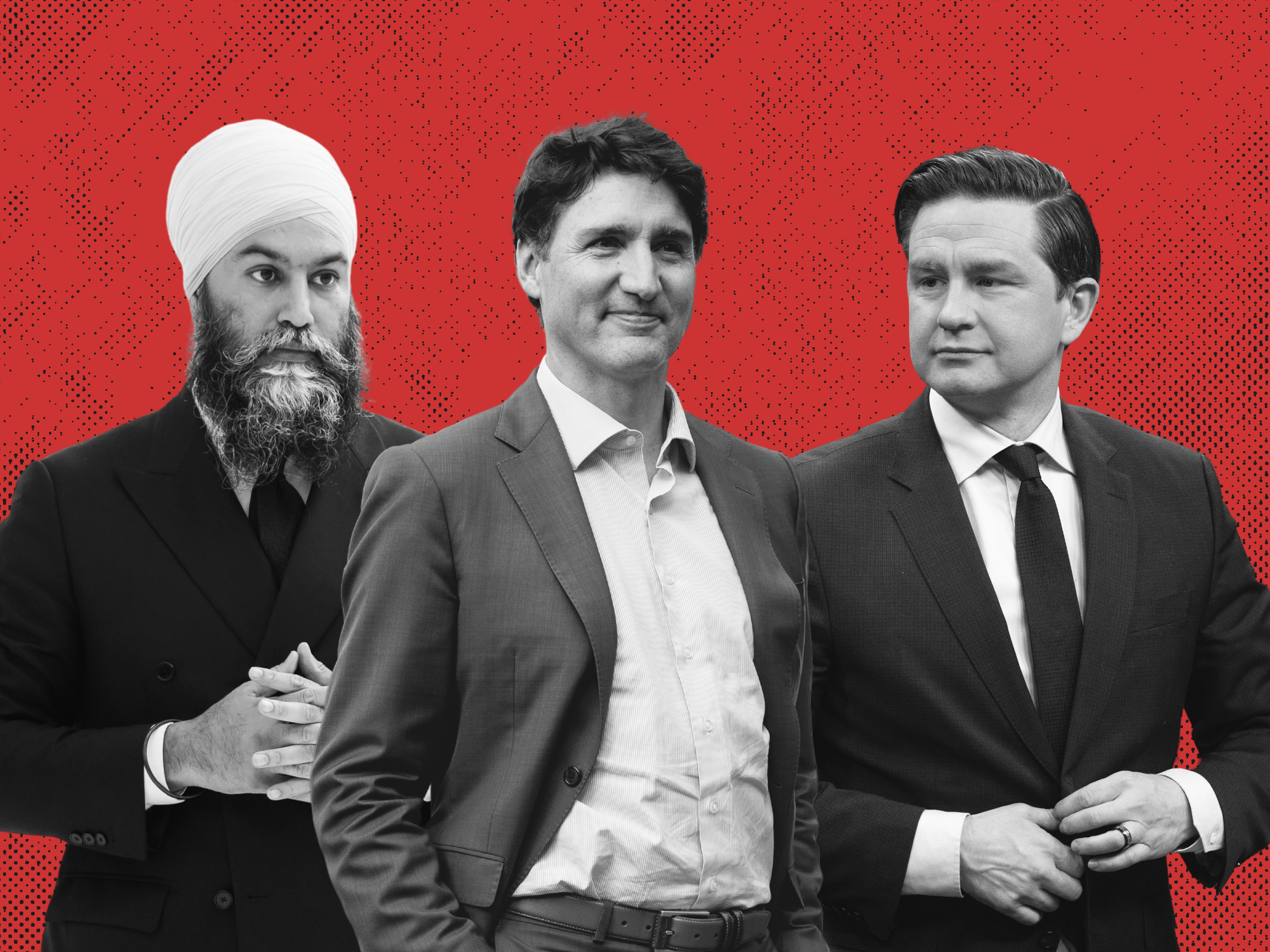 NDP leader Jagmeet Singh, Liberal leader Justin Trudeau, and Conservative leader Pierre Poilievre stand together.