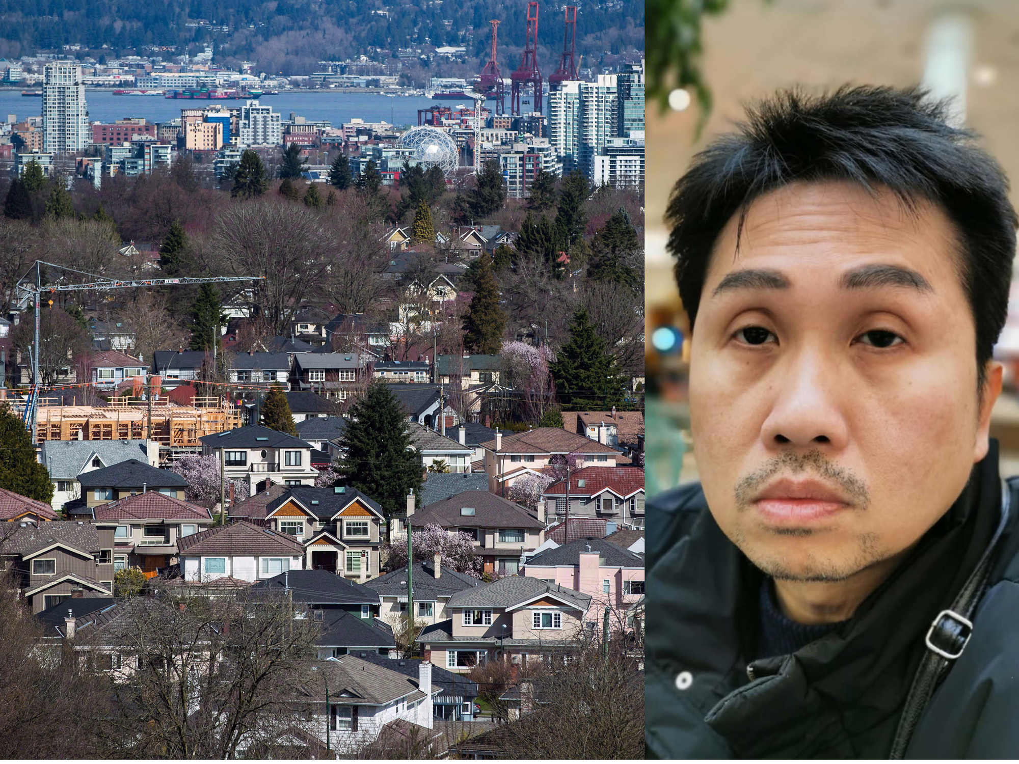 Composite image shows Vancouver skyline with single family homes in the foreground overlaid by photo of Hon Kit Chung.