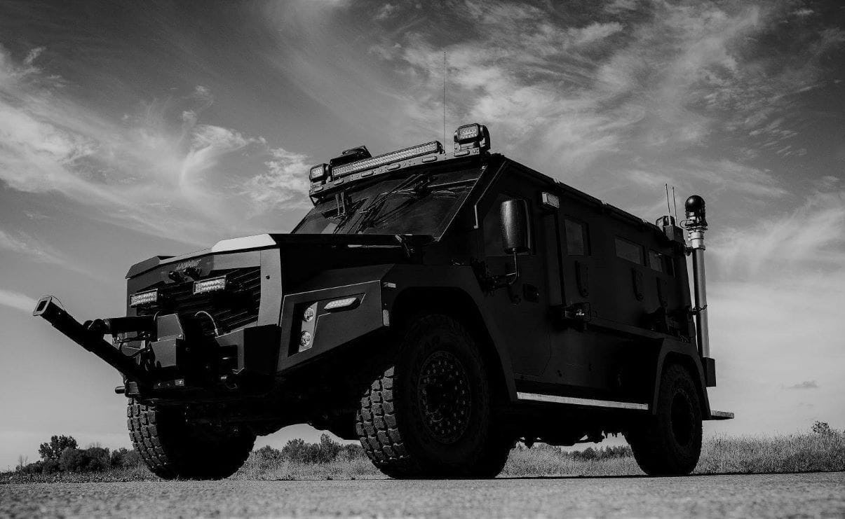 A balck and white image of Cambli's BlackWolf armoured vehicle.