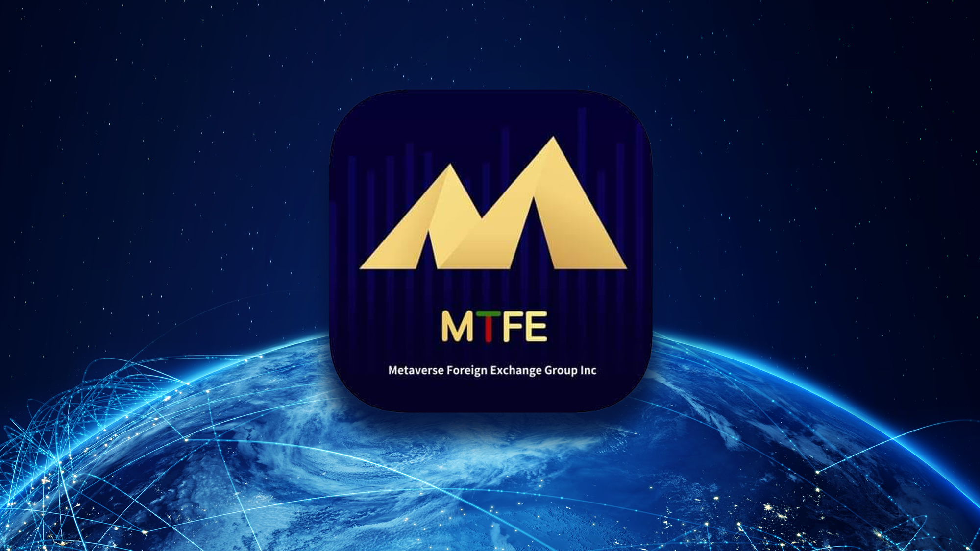 A large yellow logo centred around a capital "M" is shown in front of a blue outline of a globe.