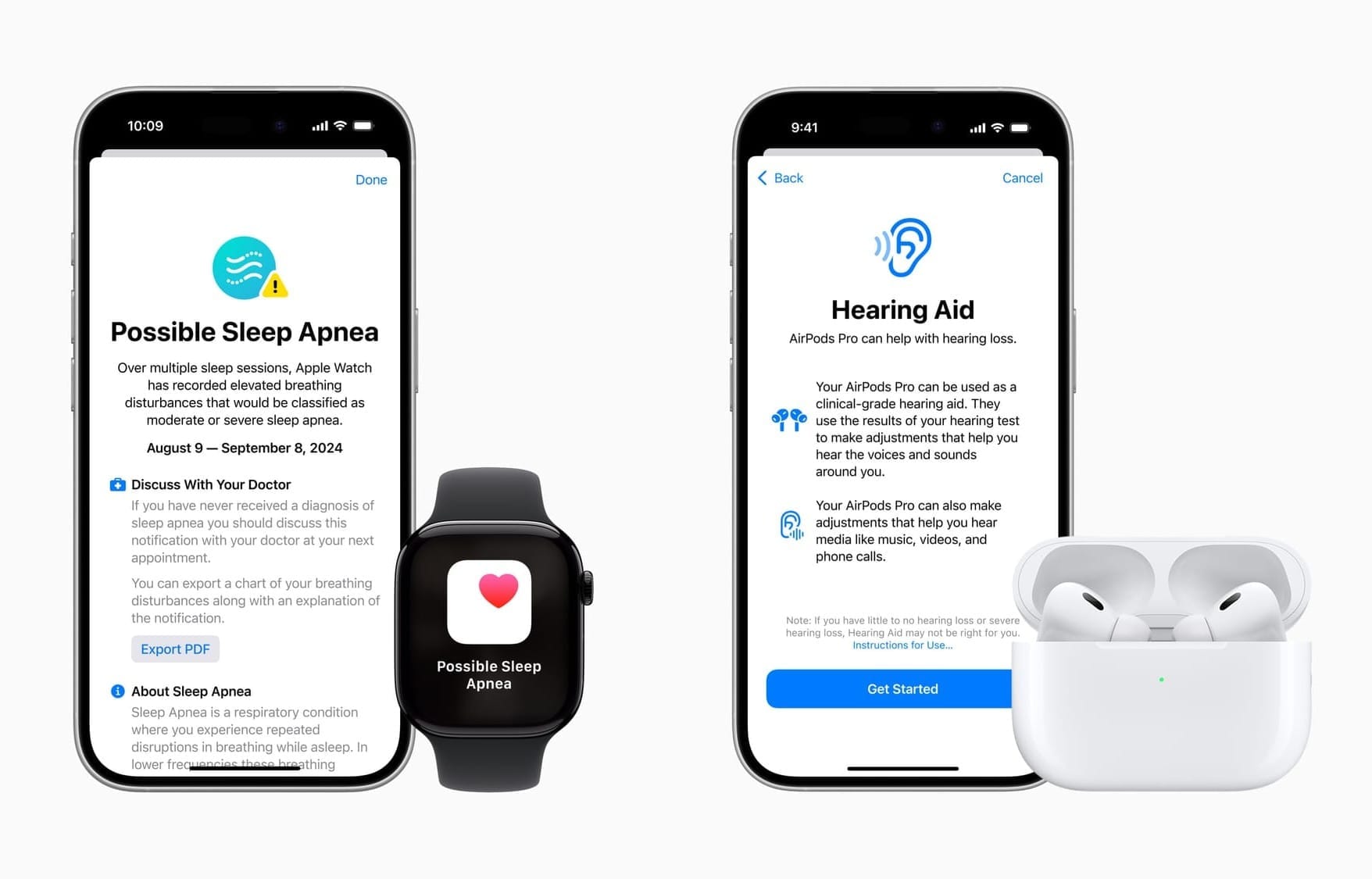 Two iPhones are shown, one with a sleep apnea application and one with a hearing application. 