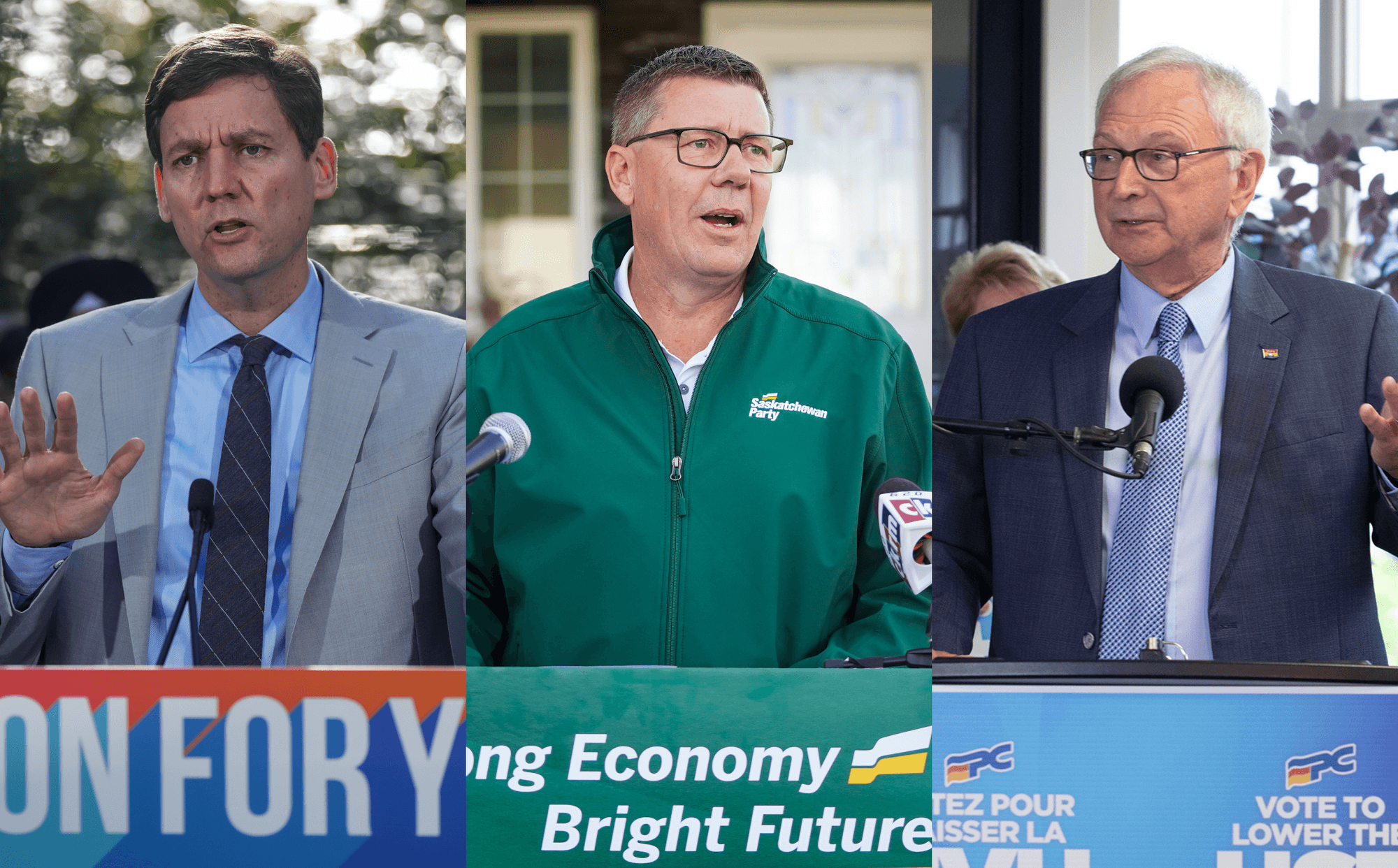 Premiers David Eby, Scott Moe, and Blaine Higgs standing in front of podiums.