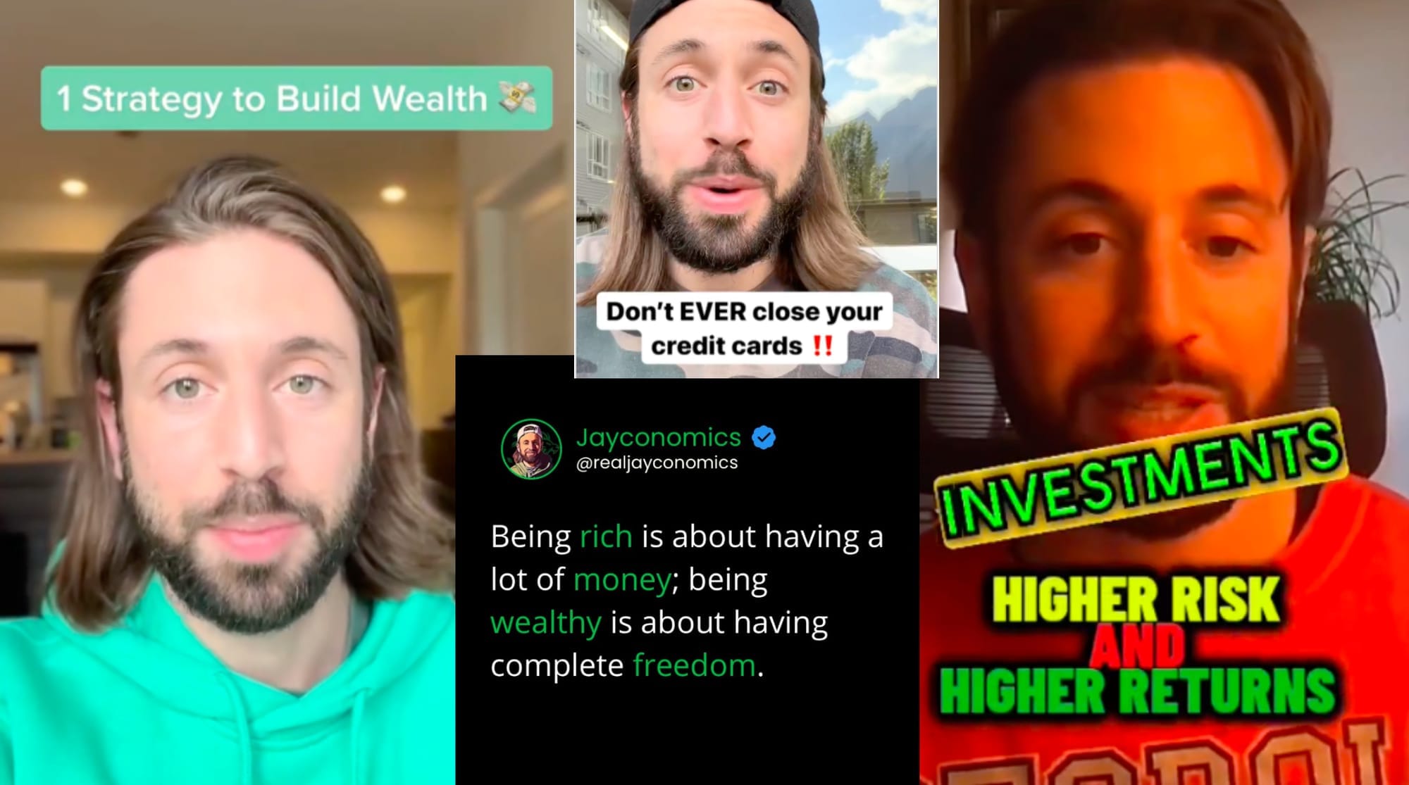 'Finfluencer' Jay Floreani is shown offering financial tips in a collage of screenshots.