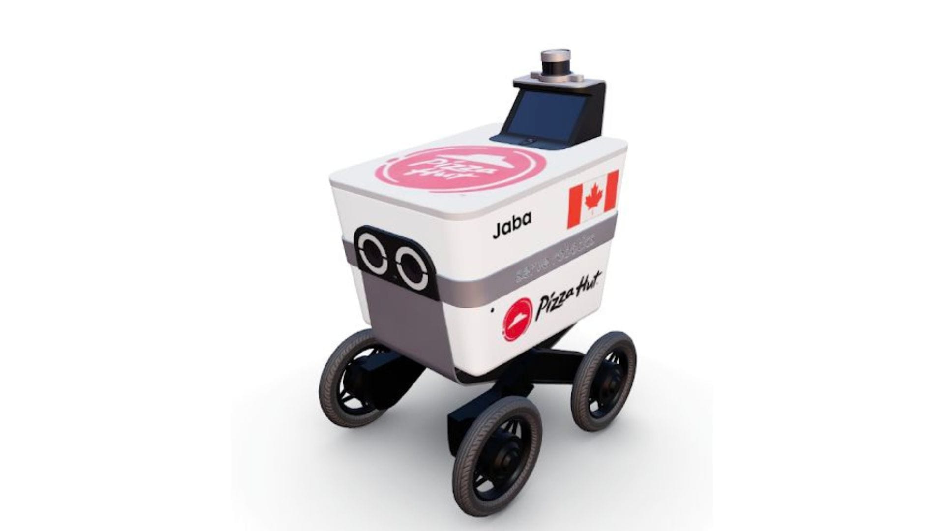 A square white food delivery robot features a Canadian flag and pizza hut logo