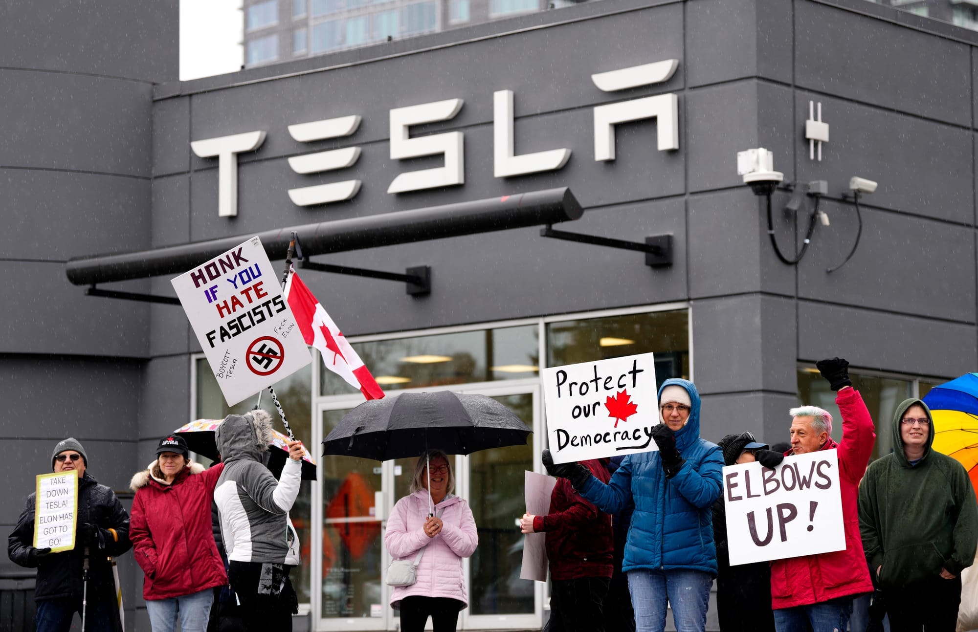 Protestors in winter coats stand in front of a Tesla dealership while holding signs that say "protect our democracy" "elbows up" and "honk if you hate fascists" 
