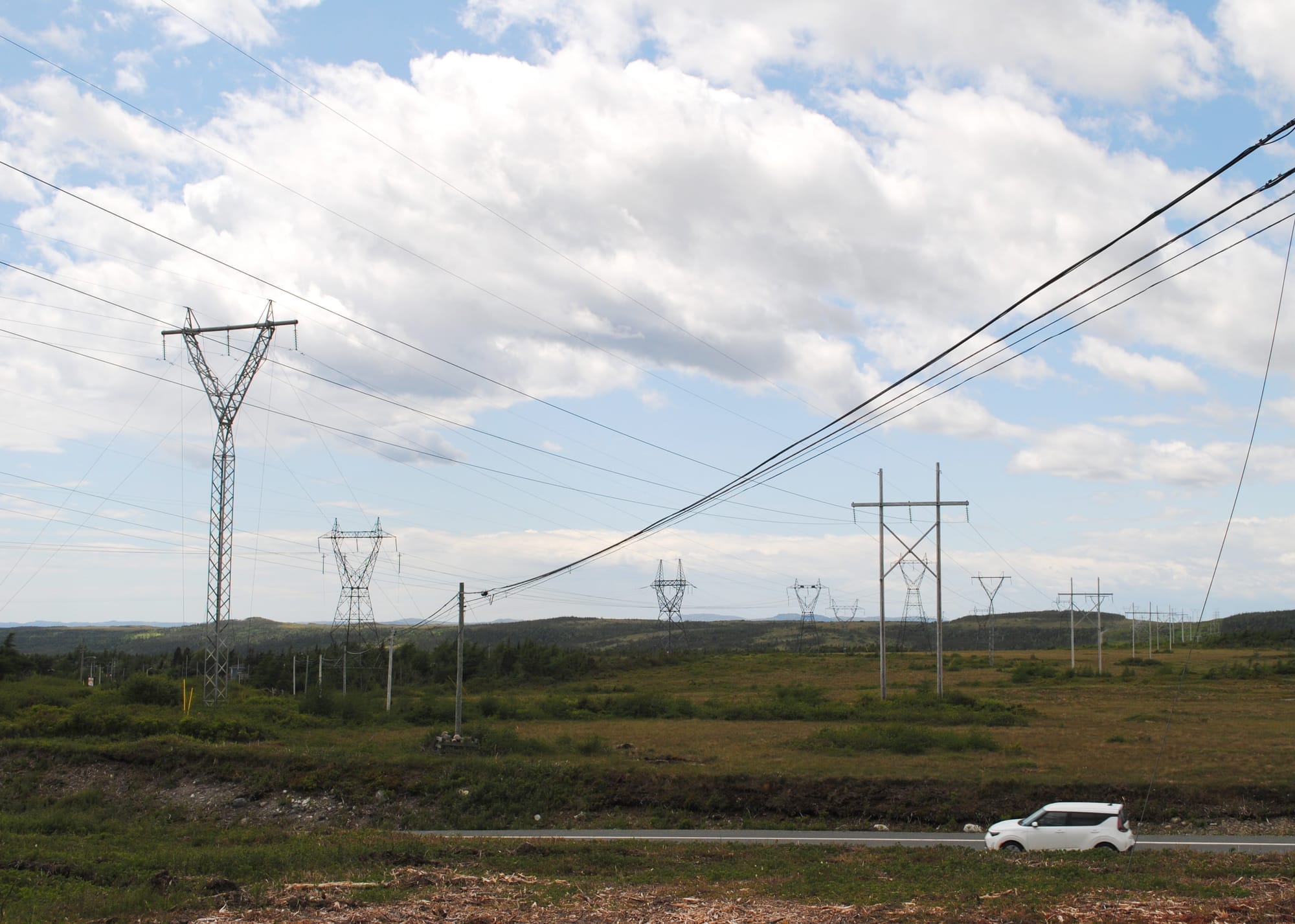 A white car drives past a field of powerlines in Newfoundland. 