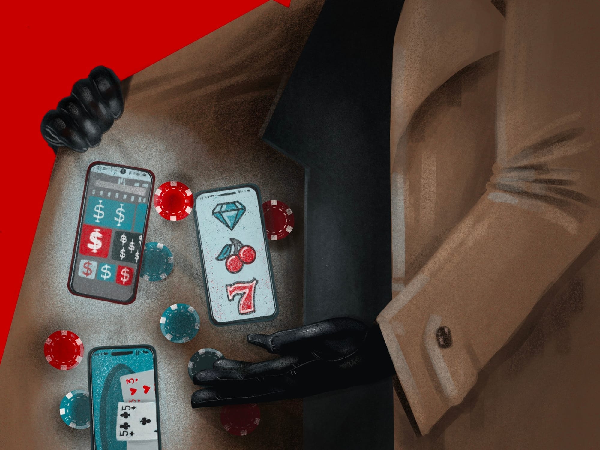 An illustration of someone opening their trenchcoat to reveal three cell phones with gambling sites displayed.