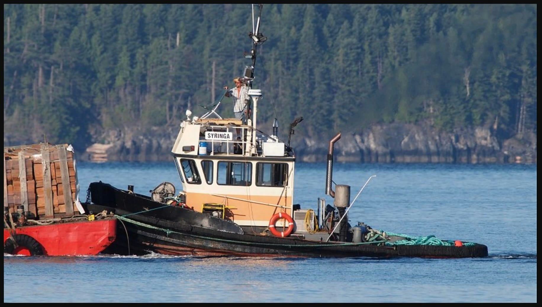 The Syringa tugboat, pushing a load of shake blocks, in B.C.'s Malaspina Strait, 2013.